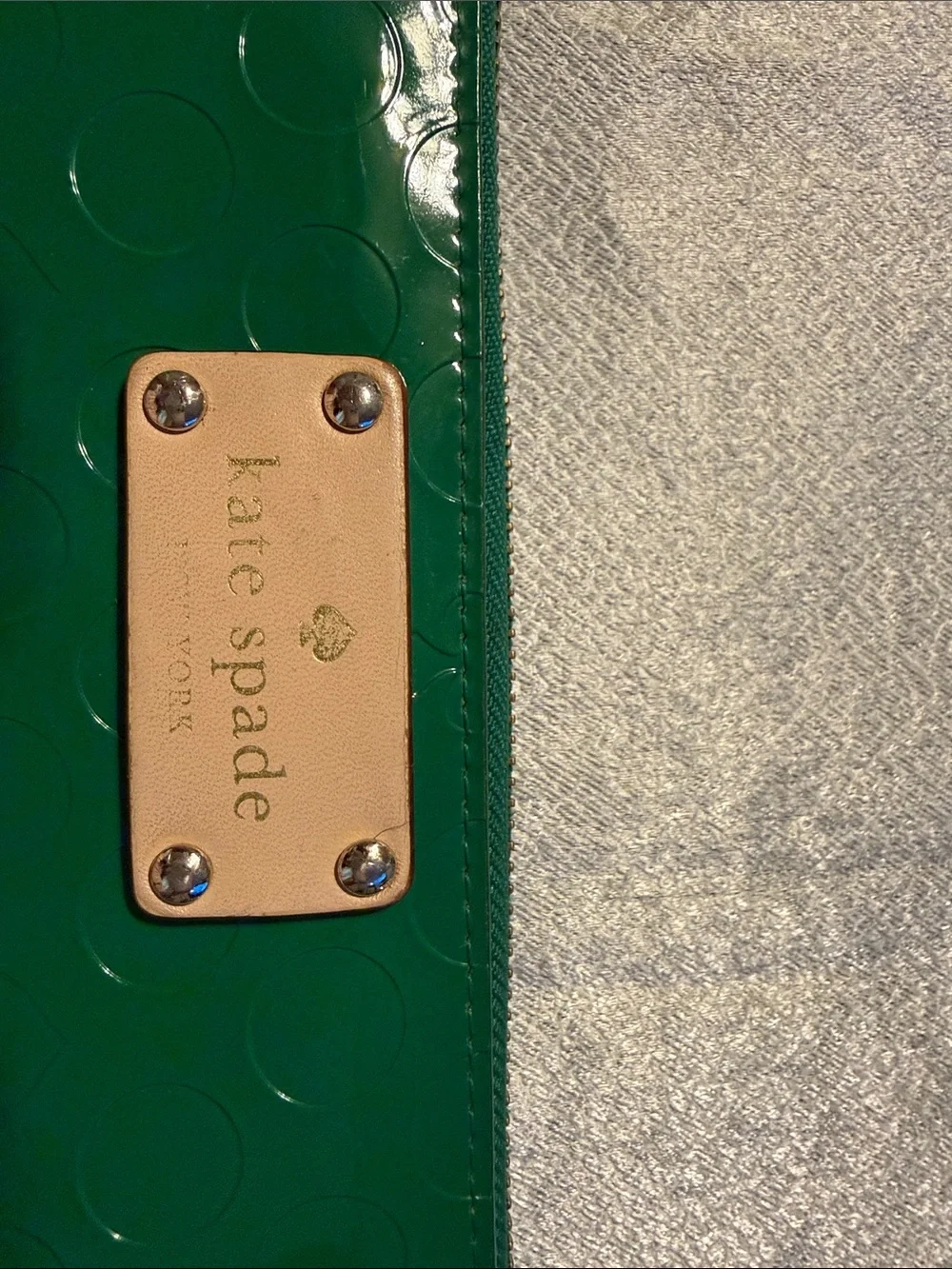 kate spade Green Patent Dot Zip Phone Wallet with Gold Plate